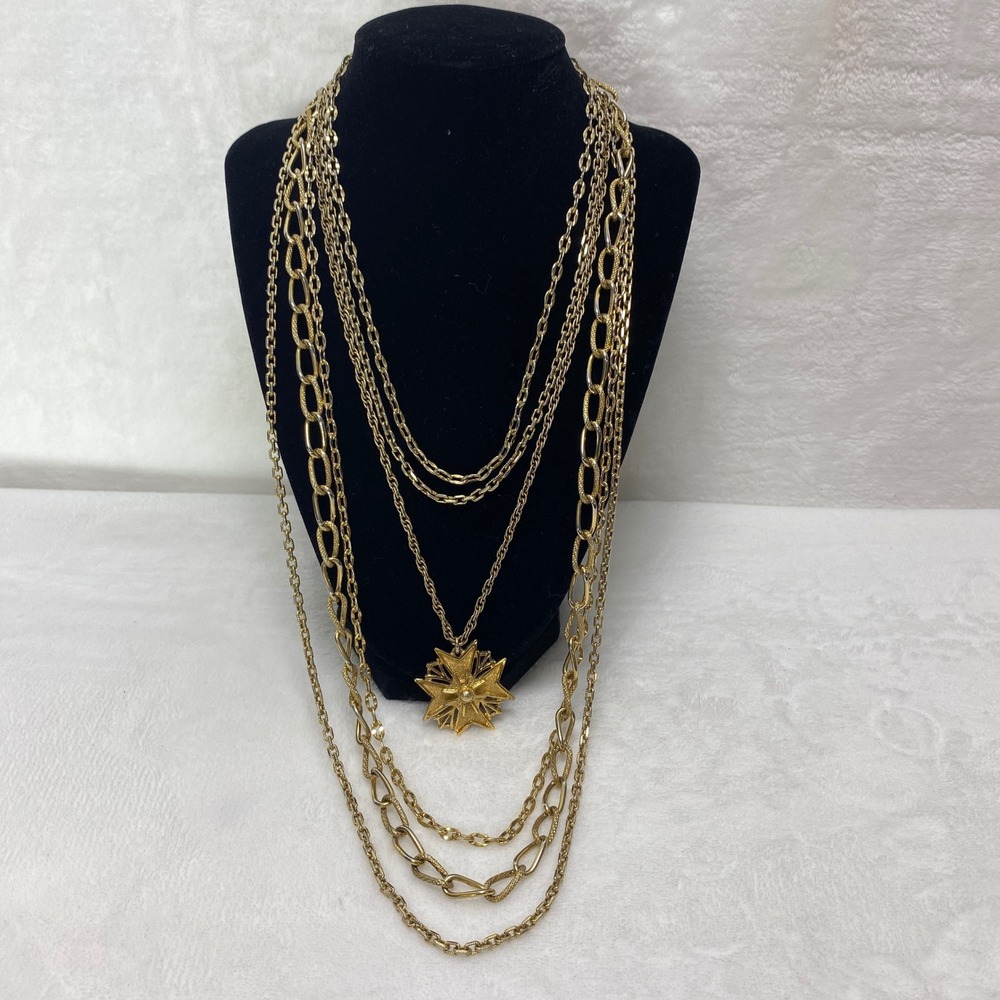 VTG Monet Gold Tone 6-Strand Maltese Cross‎ Pendant Necklace 15" Long